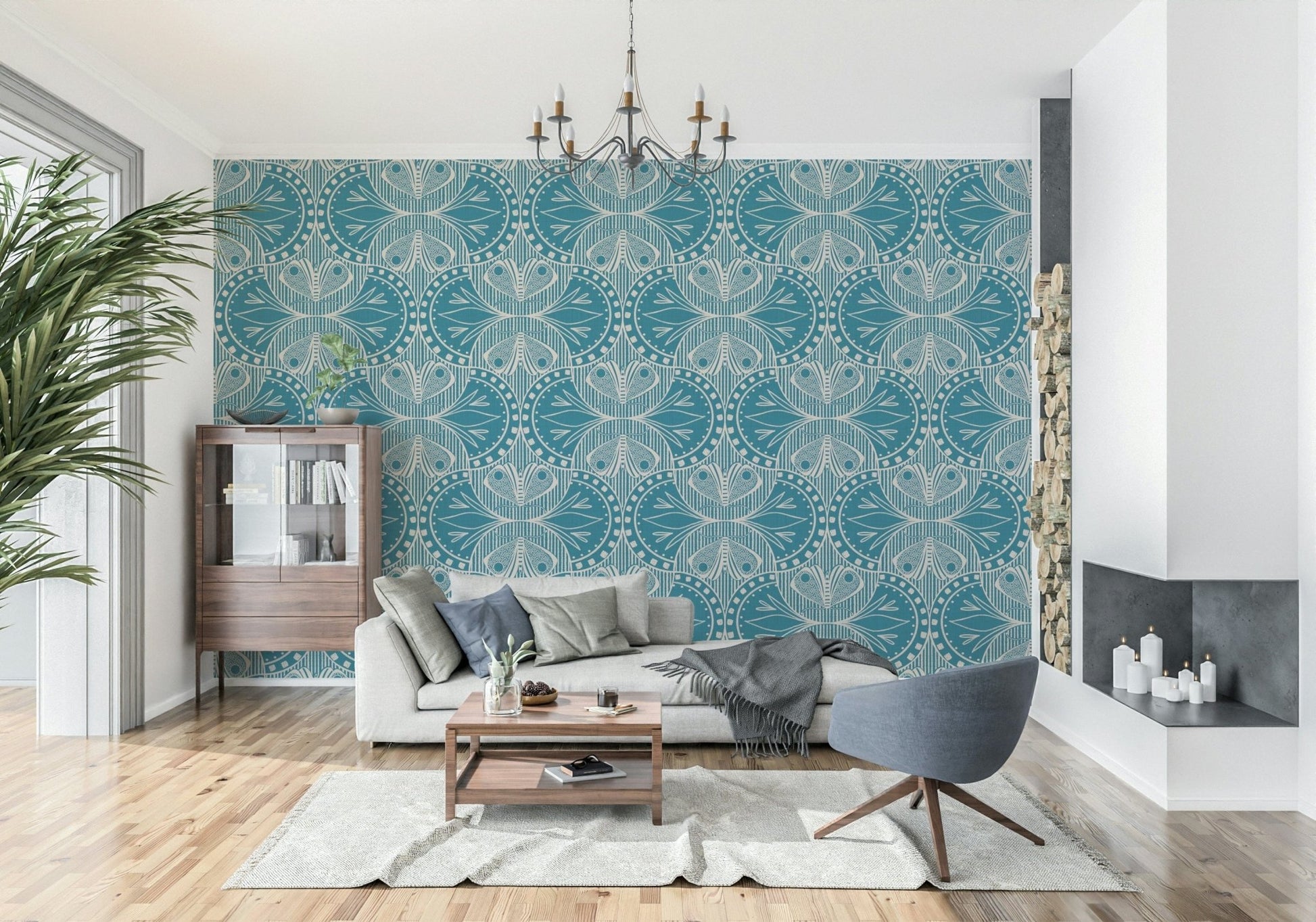 Teal blue wallpaper for walls, sophisticated design, ornamental elegance.