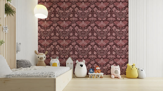Luna moth and poppy design in rich red tones

