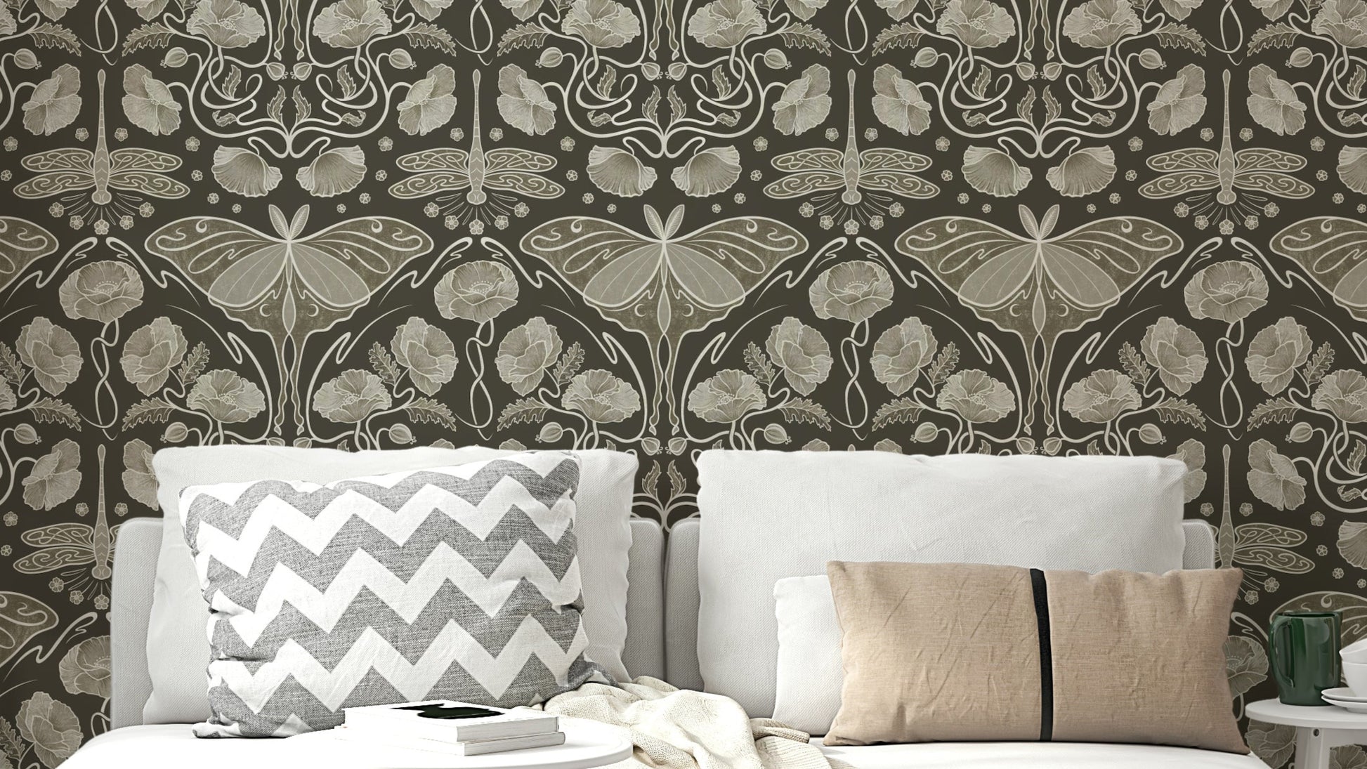 Art Nouveau sepia wallpaper with poppies

