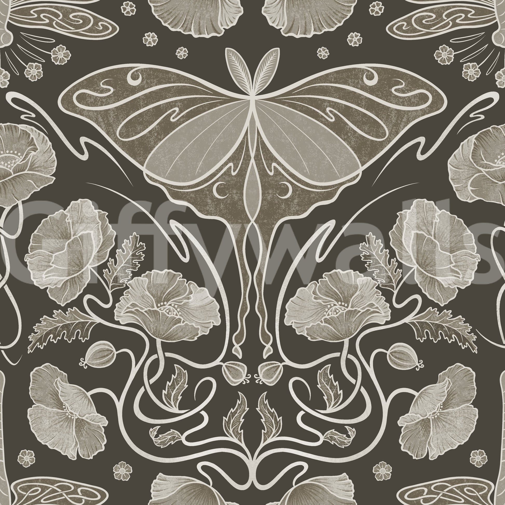 Warm-toned wallpaper with vintage poppy print

