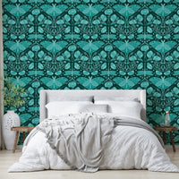 Statement wallpaper with teal Art Nouveau print

