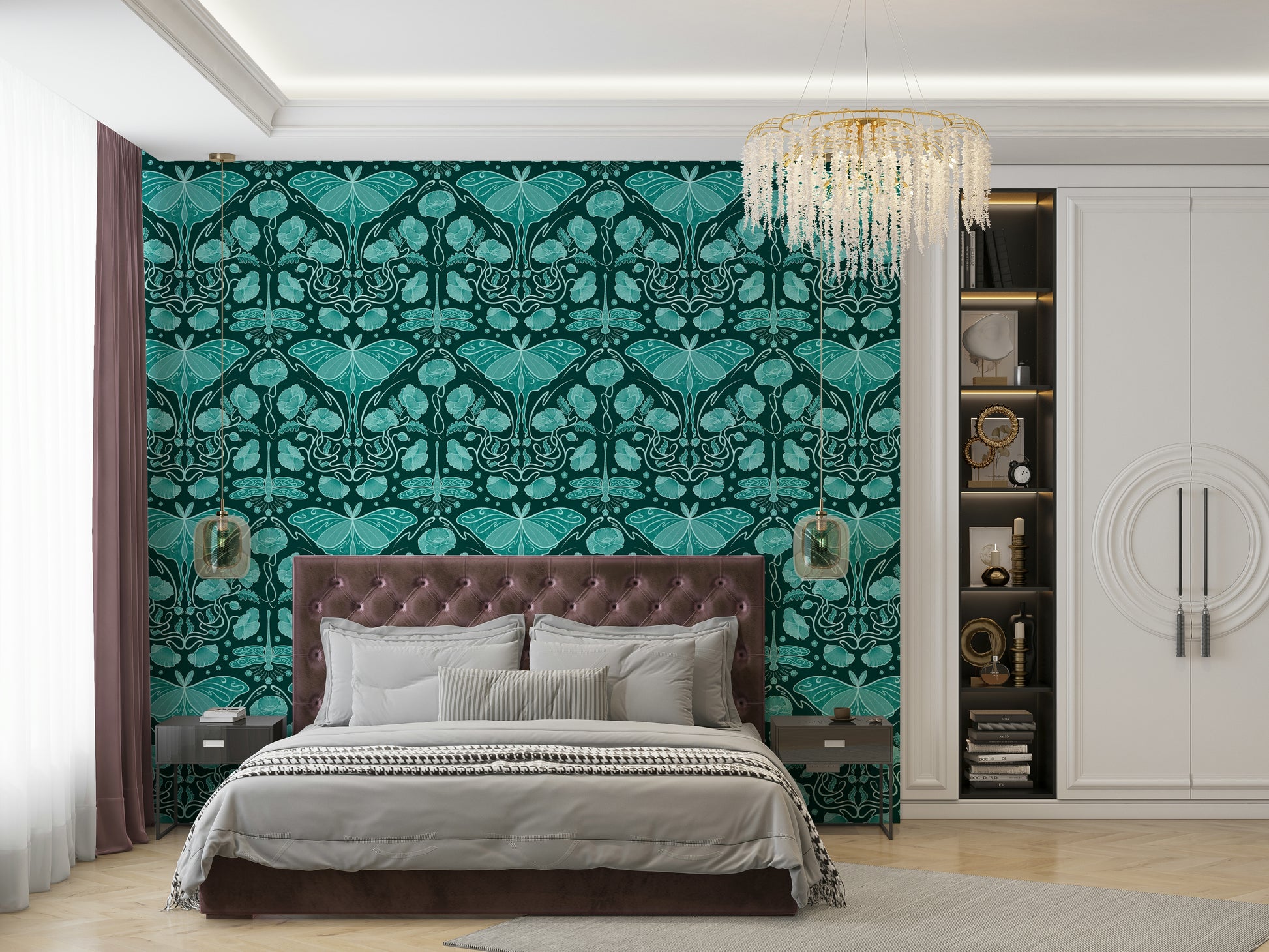 Floral and moth design in bold teal hues

