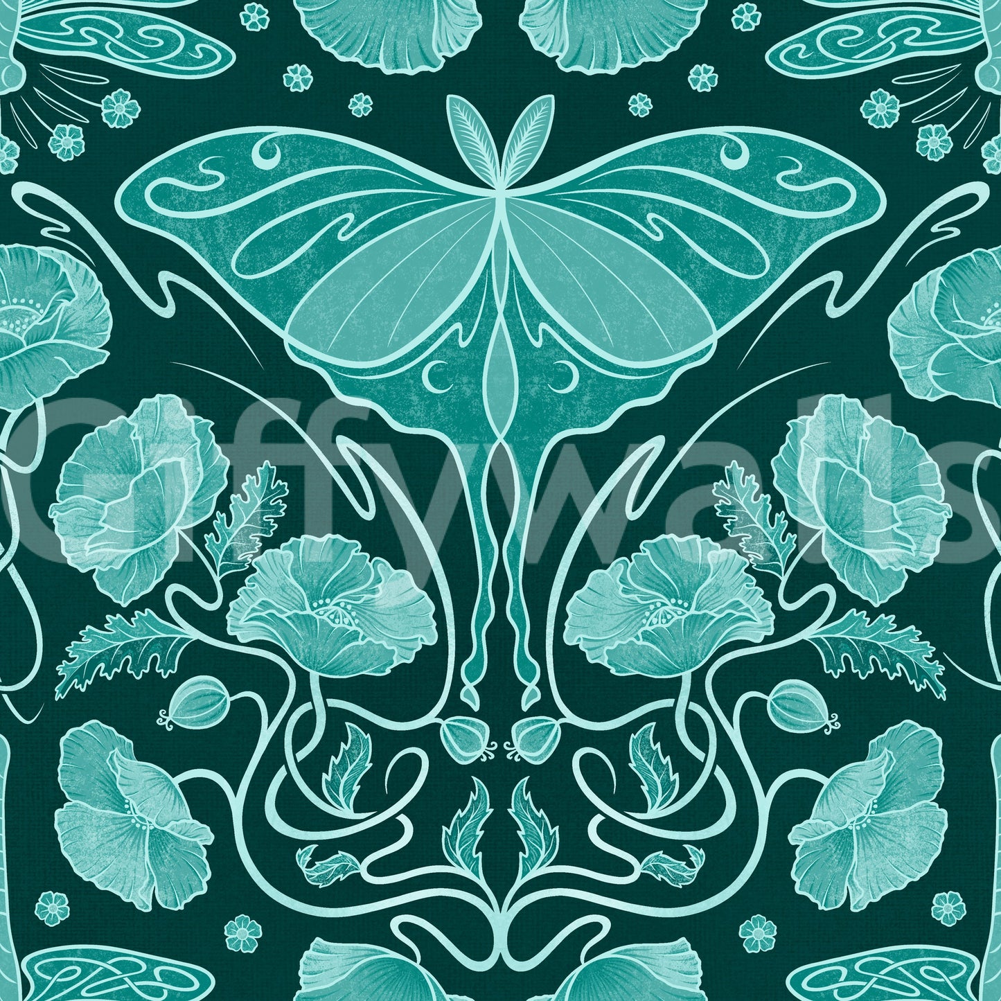 Art Nouveau Poppies & Luna Moth Teal Wallpaper⁠