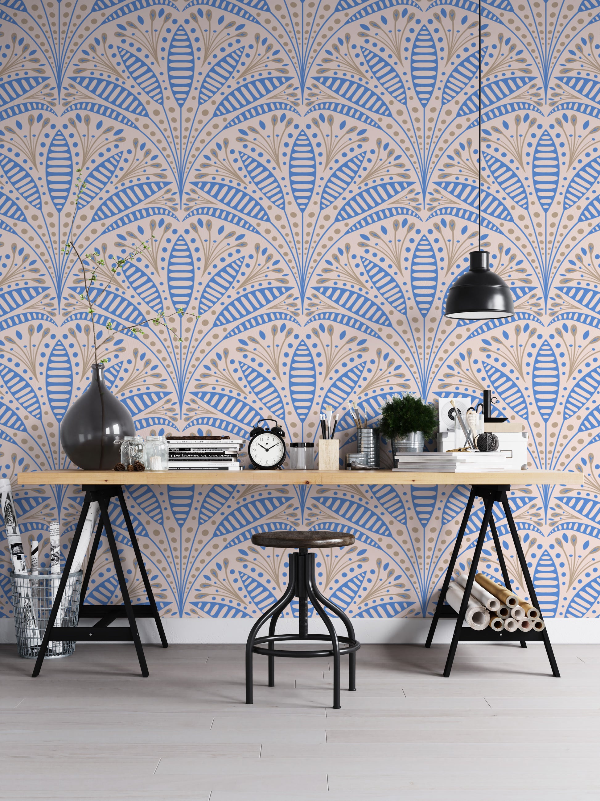 Artdeco Blue Palm Wallpaper in a home office with a trestle desk and industrial stool using removable material.