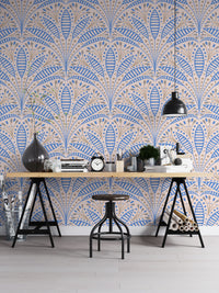 Artdeco Blue Palm Wallpaper in a home office with a trestle desk and industrial stool using removable material.