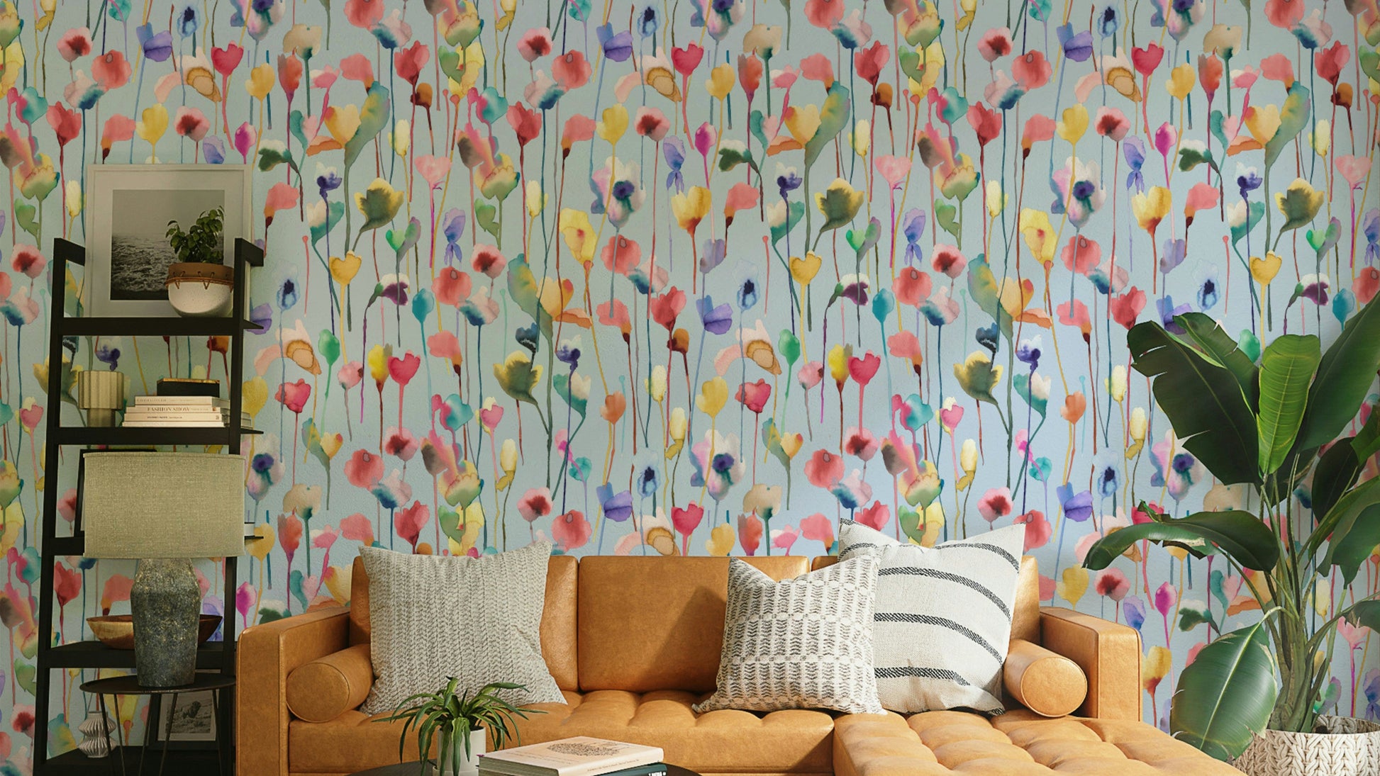 Wallpaper featuring loose floral brushstrokes in light blue tones.


