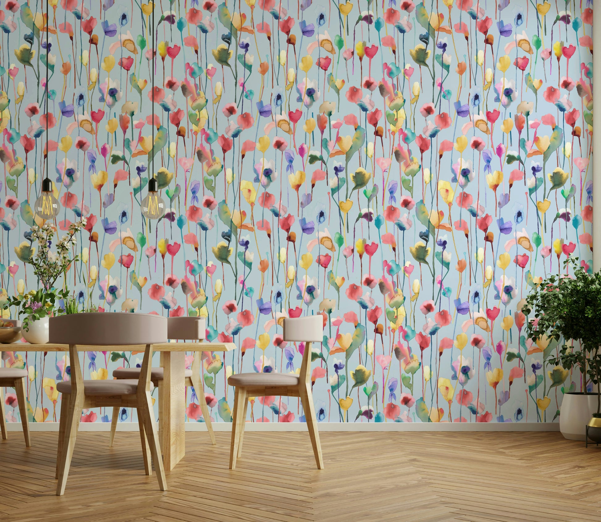 Delicate flower wallpaper in pastel blue and washed neutral tones.

