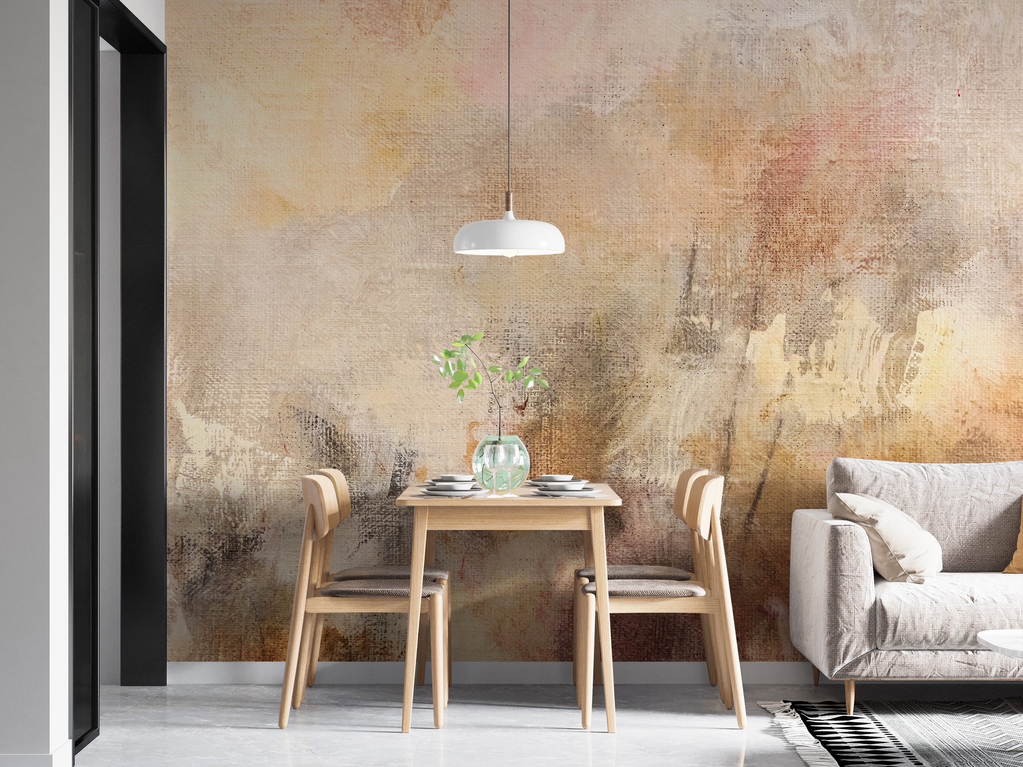 Artistic Oil Painted Abstract wallpaper mural in warm beige tones behind a wood dining table and grey sofa