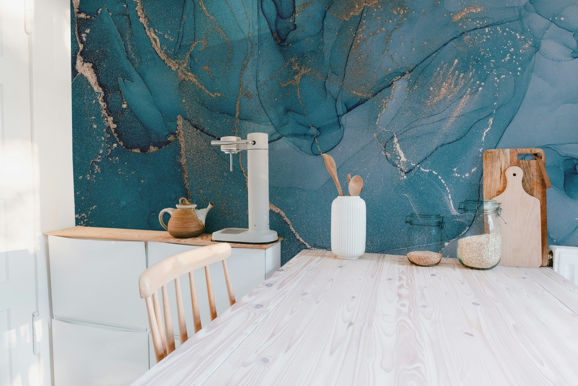 Minimalist white and azure alcohol ink wallpaper mural for a feature wall.