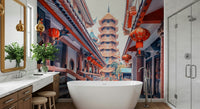 Wallpaper for walls, Asian Temple Vista, beautiful shrine, majestic building design.