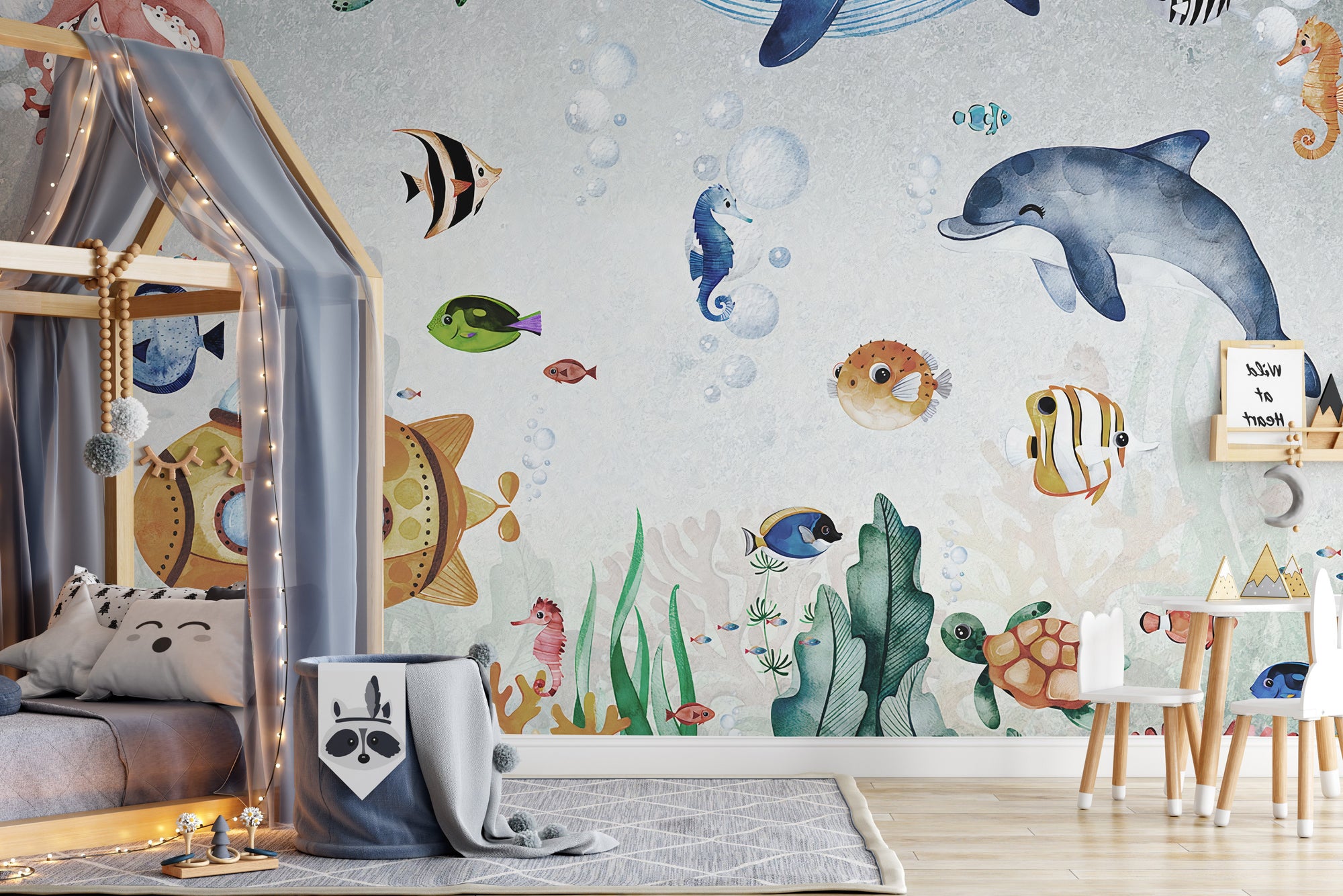 Astonishing Underwater Whales wallpaper mural shown as a full feature wall that highlights the design