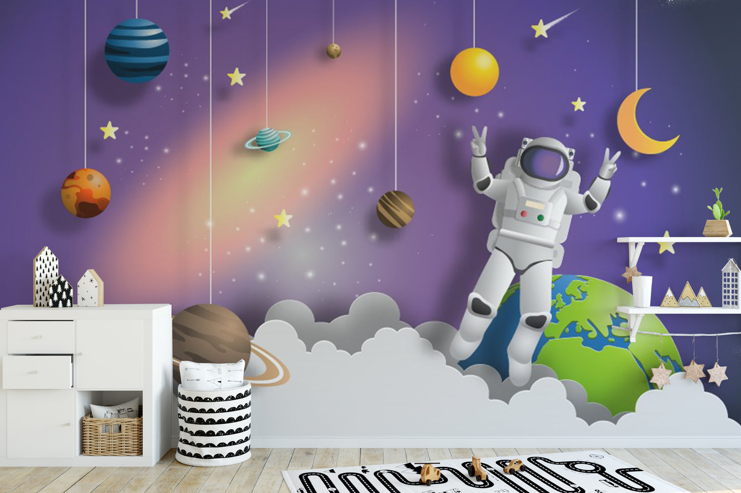 Astronaut in Space on Mission wallpaper mural as a feature wall in a home office workspace in purple tones