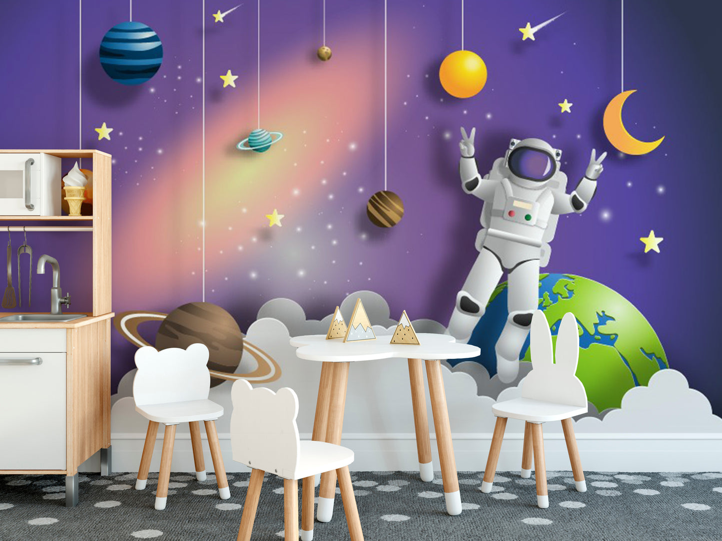 Astronaut in Space on Mission wallpaper mural styled as a feature wall behind a dining table and chairs in purple tones