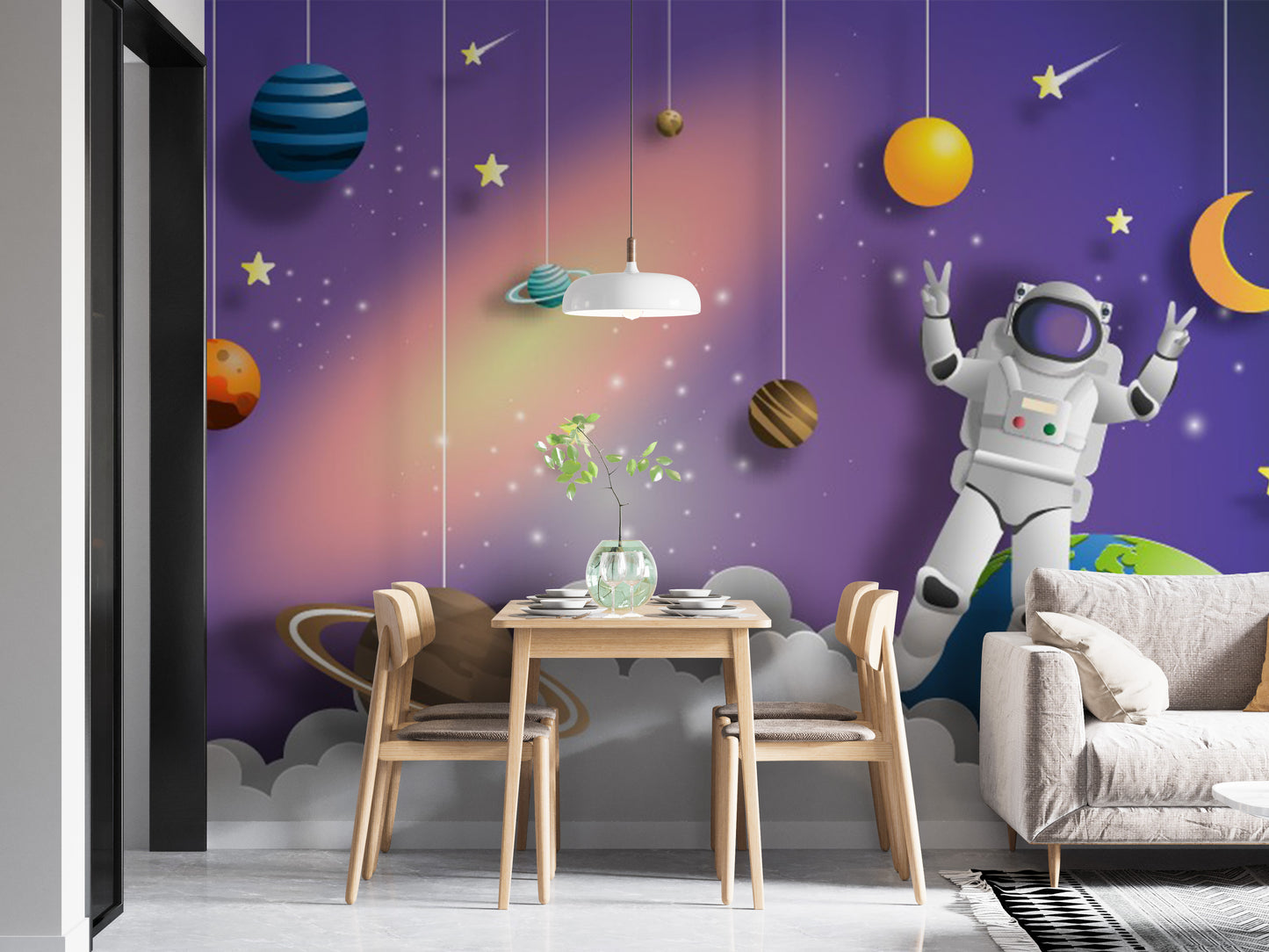 Astronaut in Space on Mission wallpaper mural as a bedroom feature wall behind the headboard in purple tones