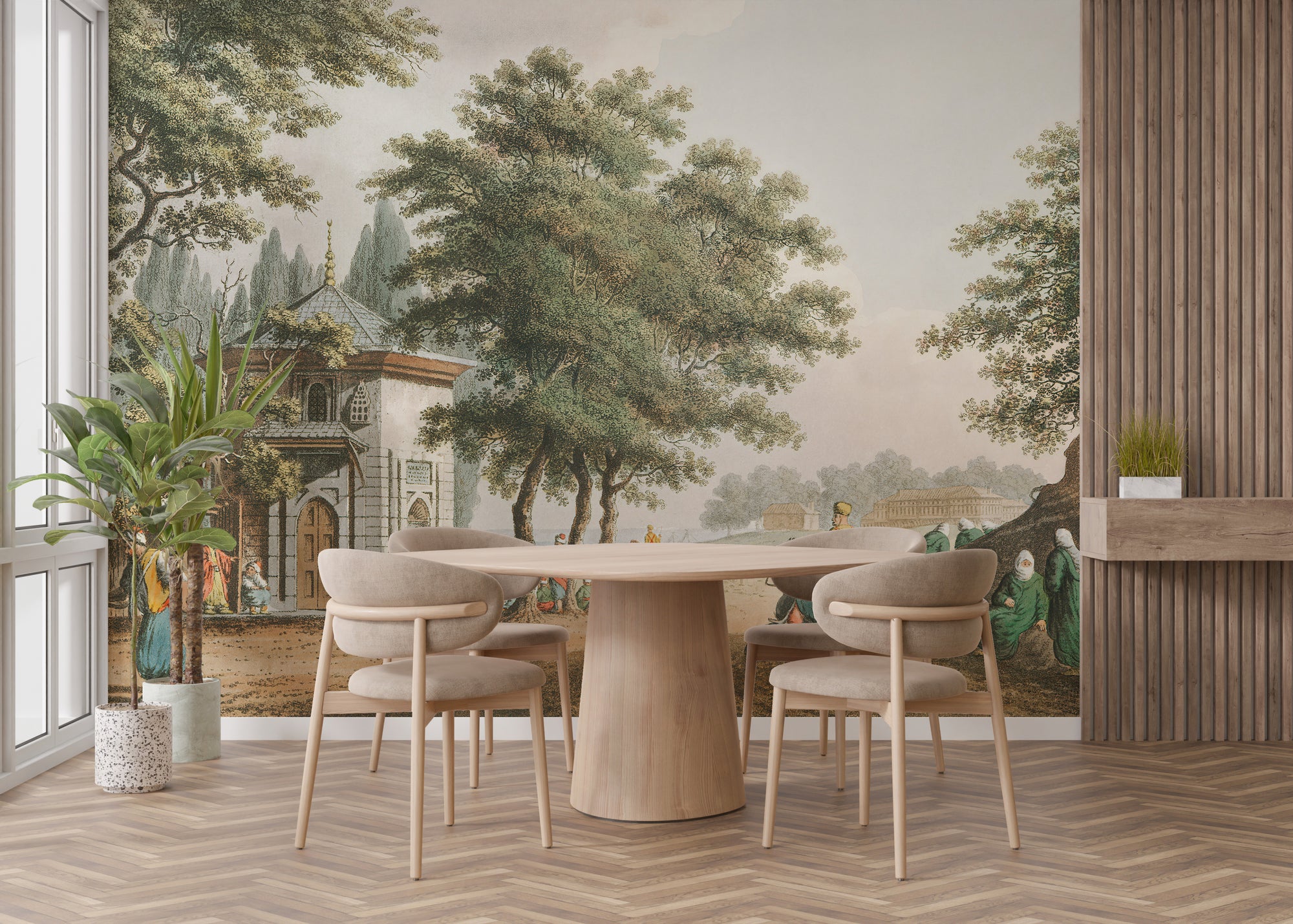 Atavistic Town wallpaper mural shown as a full feature wall that highlights the design