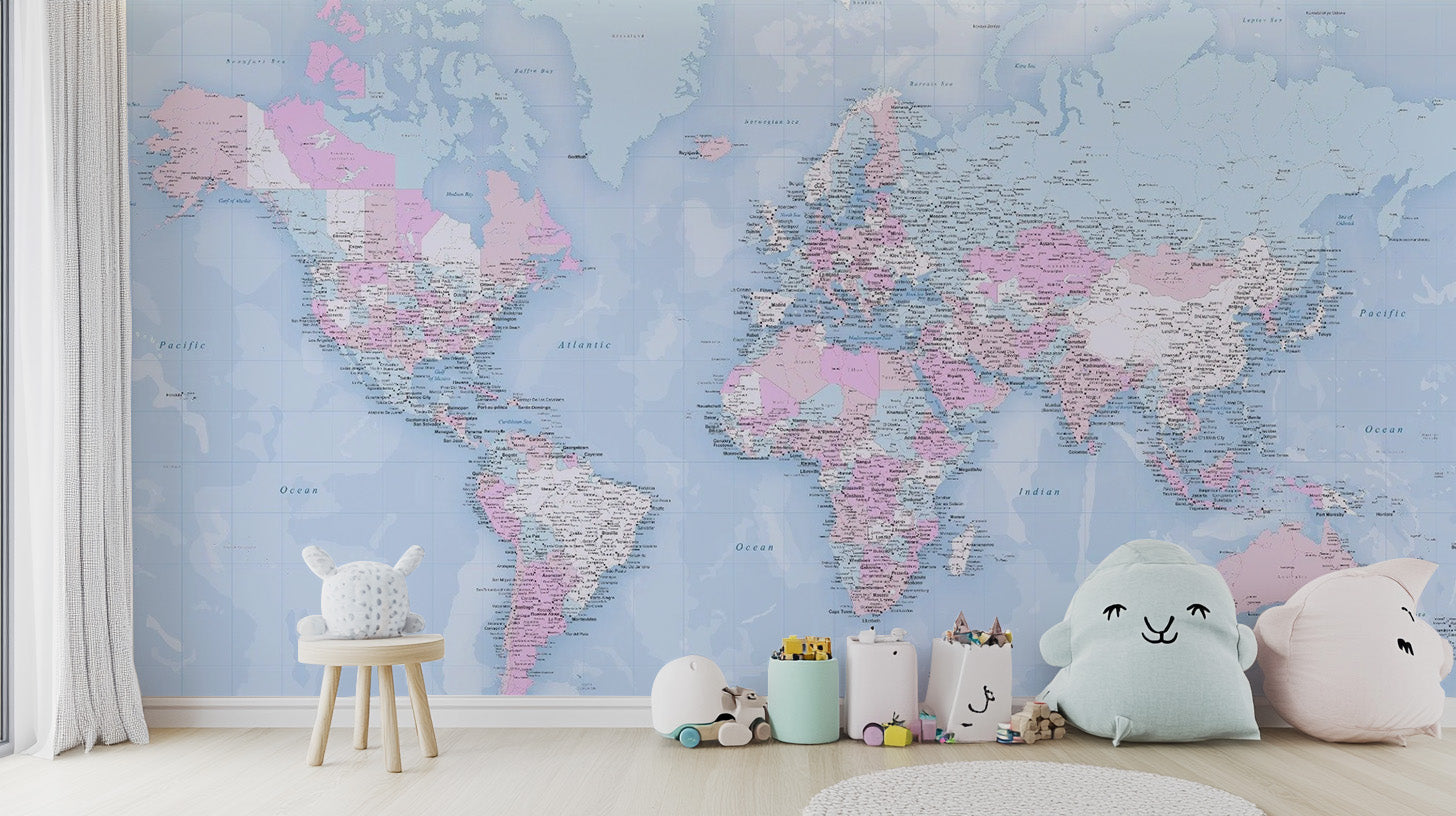 Blue World Map Wallpaper Mural - Giffywalls