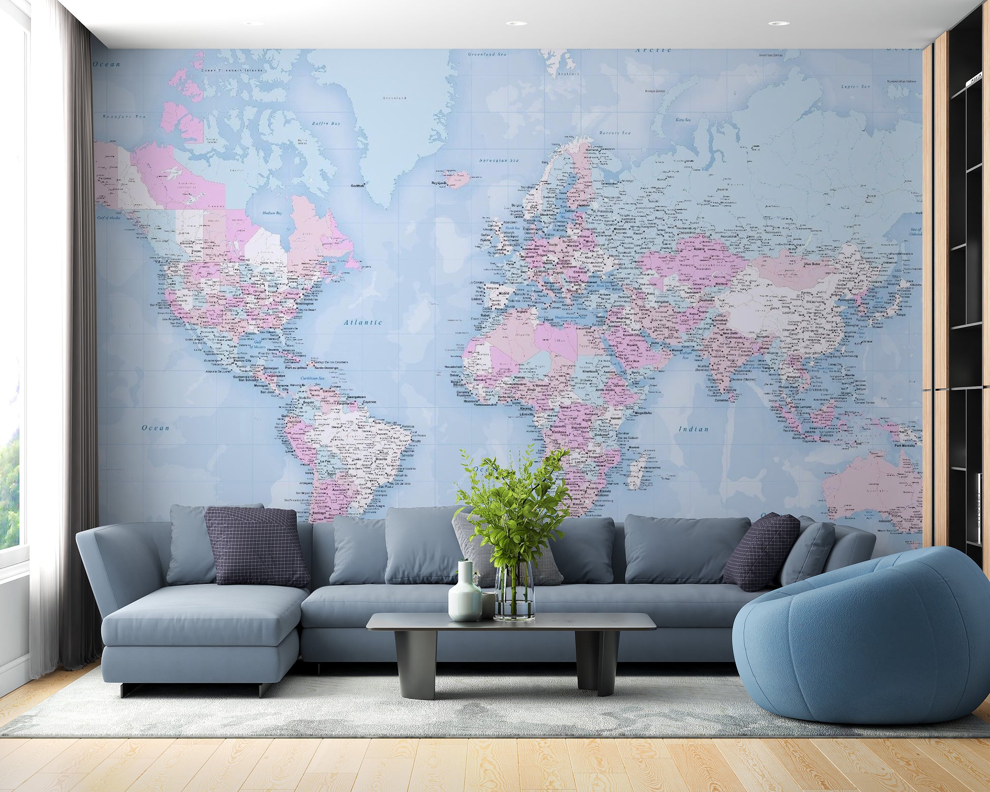 Minimalist blue world map wallpaper with detailed geography.