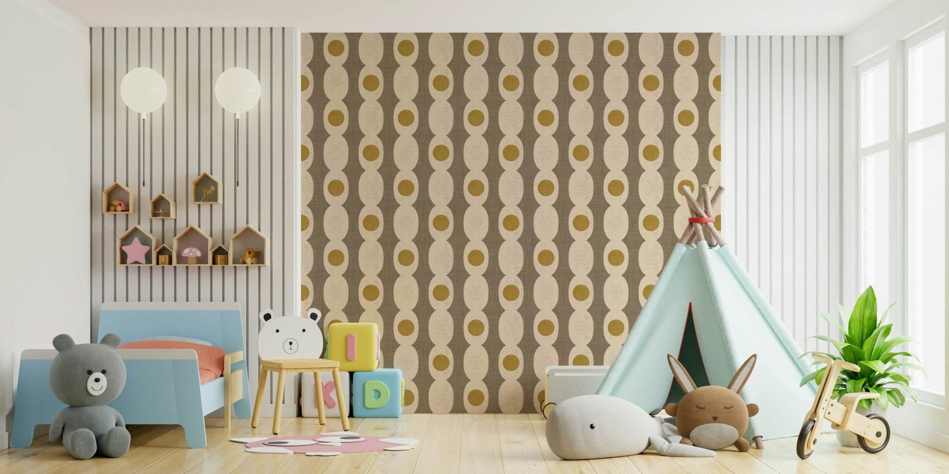 Mid-century beige abstract mural blending atomic shapes with soft neutrals.