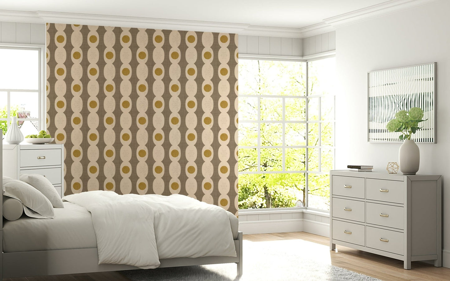 Beige abstract wall mural featuring retro Atomic Age geometric forms.