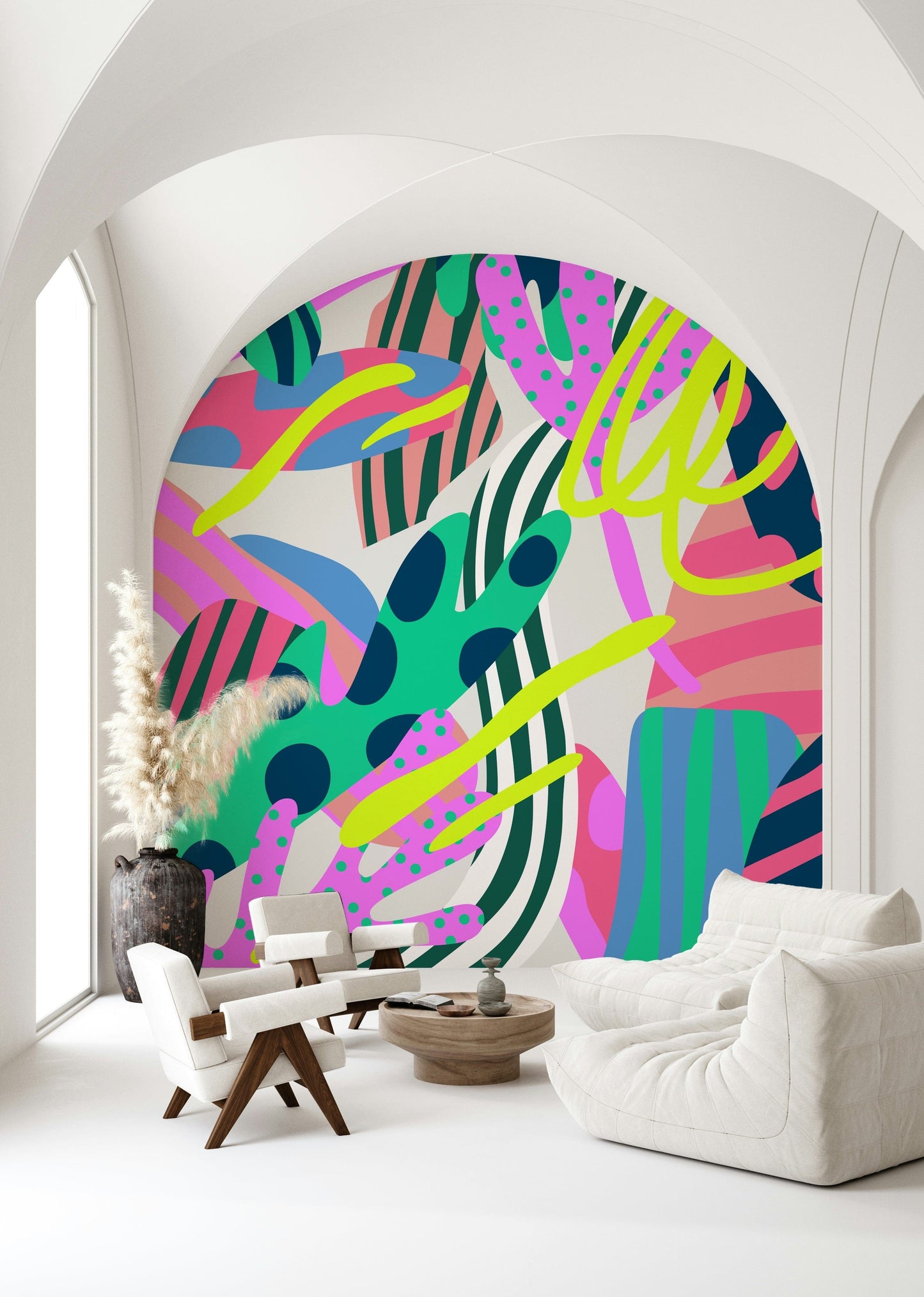 A contemplative atomic pattern wallpaper mural for a feature wall.

