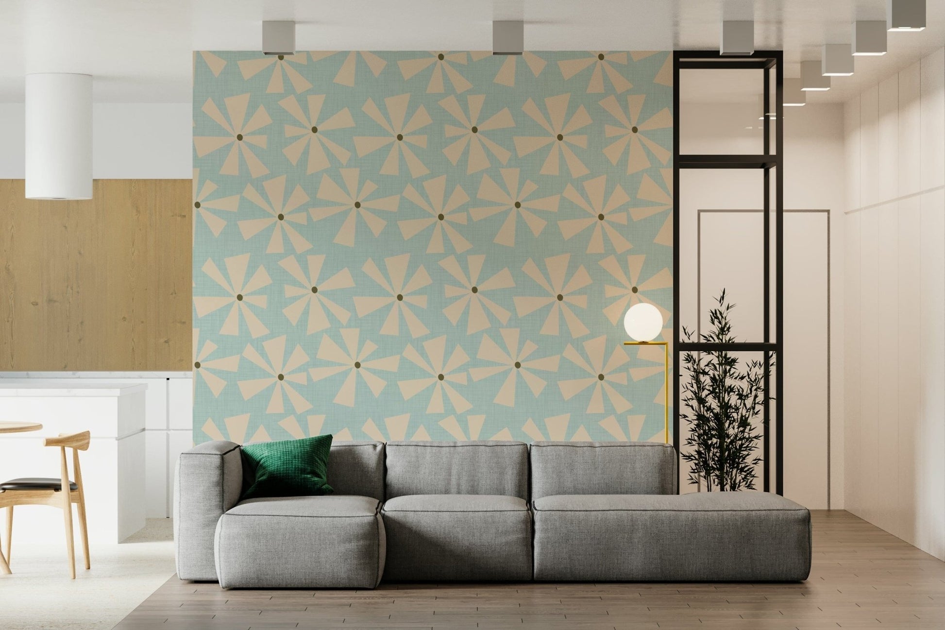 Soft geometric floral wallpaper featuring atomic-style stars in a repeating design.