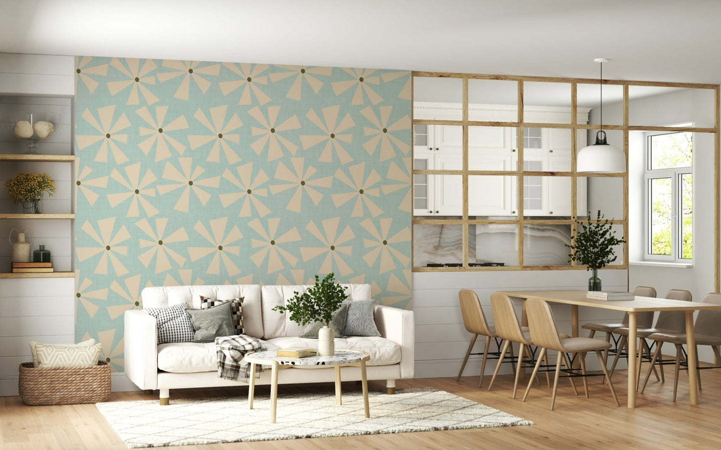 Chic retro wallpaper showcasing cream geometric blooms arranged in a lively starburst pattern.