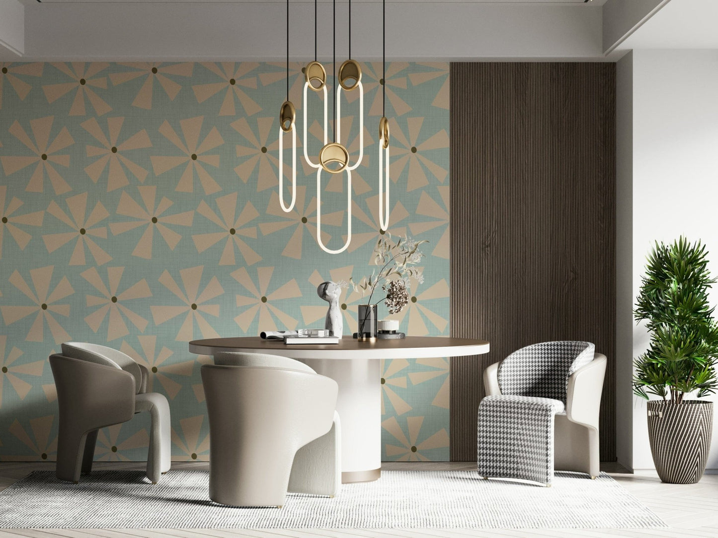 Geometric starburst wallpaper with cream flower bursts on a light aqua textured surface.
