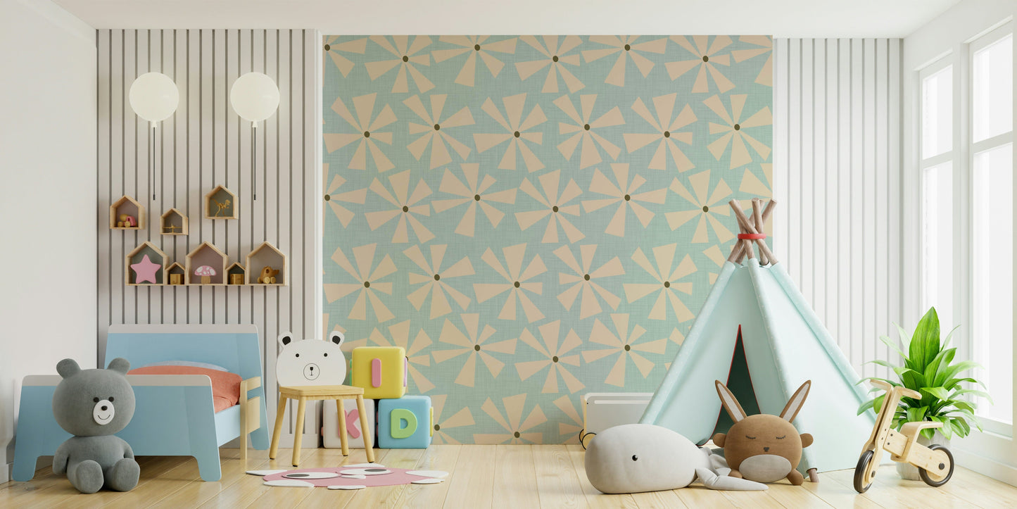 Vintage-inspired wallpaper with bold atomic flower bursts on a pastel teal background.