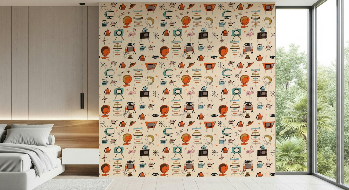 Hand-Drawn Mid-Mod Objects, Living Kitsch Beige Wall Mural.