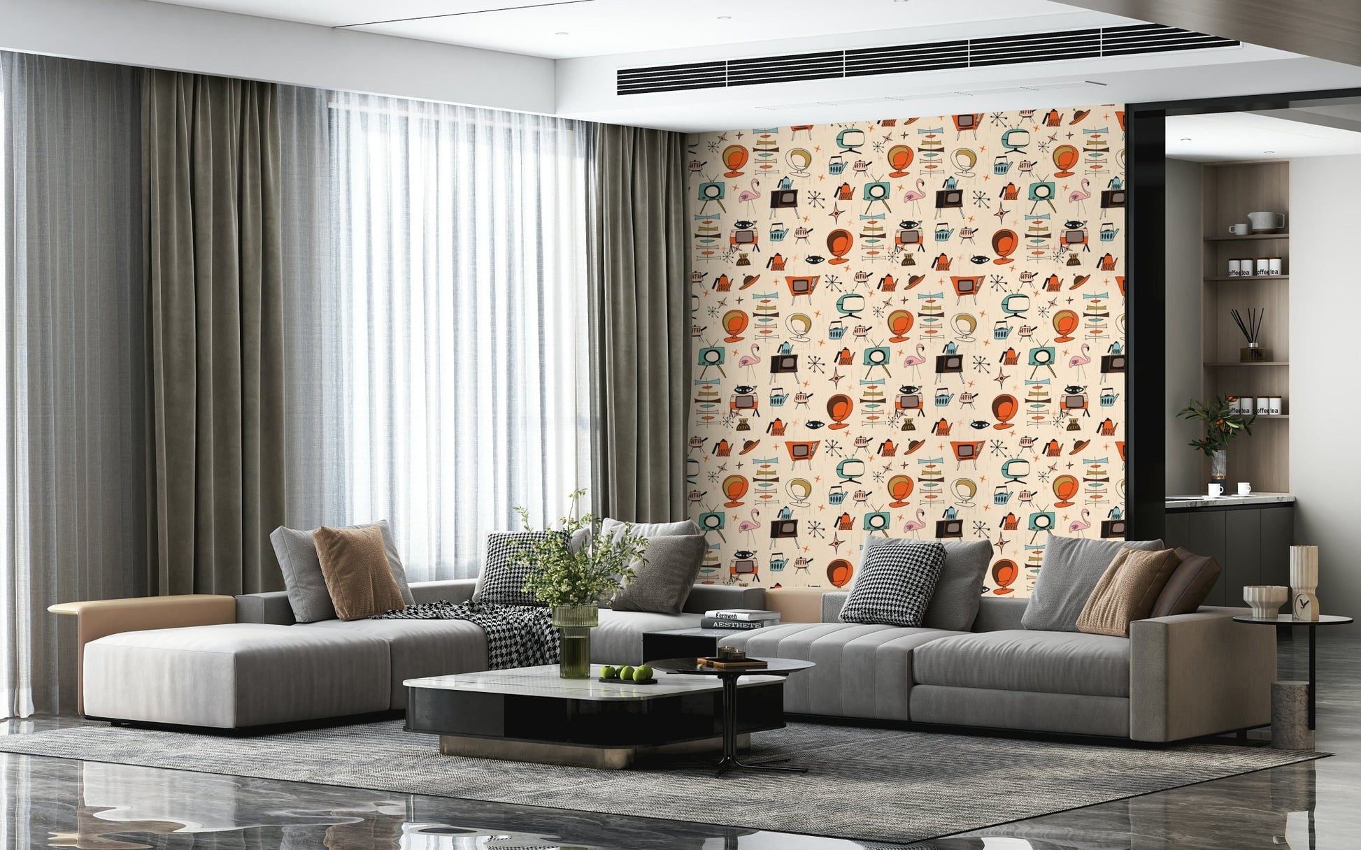 Nostalgic Atomic Retro Wallpaper, Teapots, Pod Chairs, Space Age.