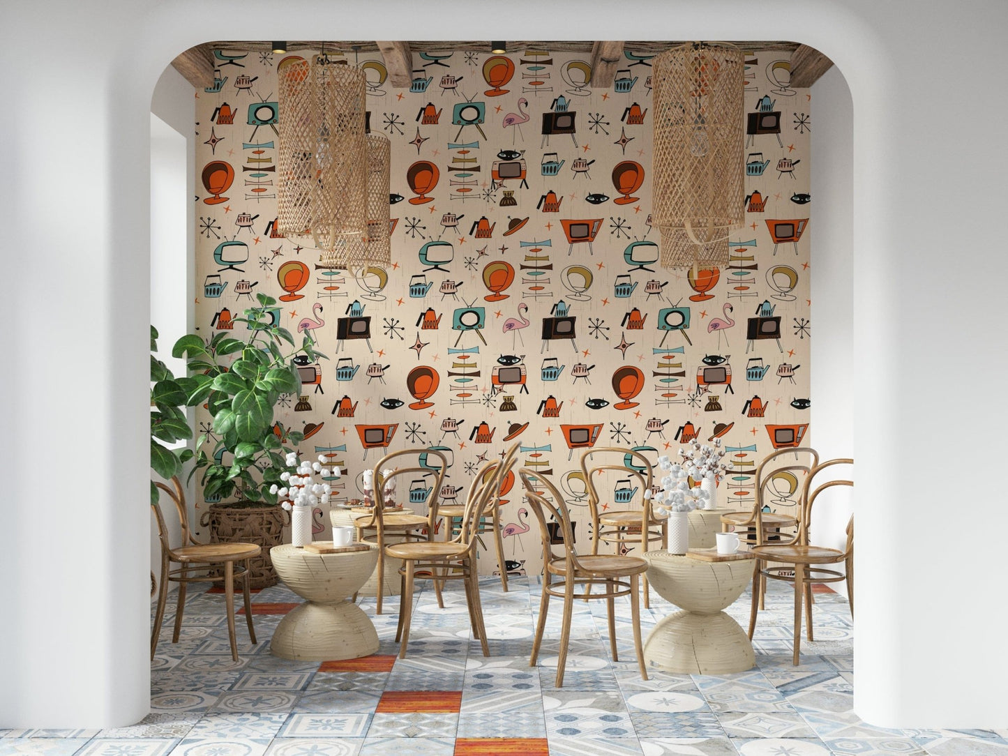 Living Kitsch Beige Wall Mural, Funky TVs, Pink Flamingo Pattern.