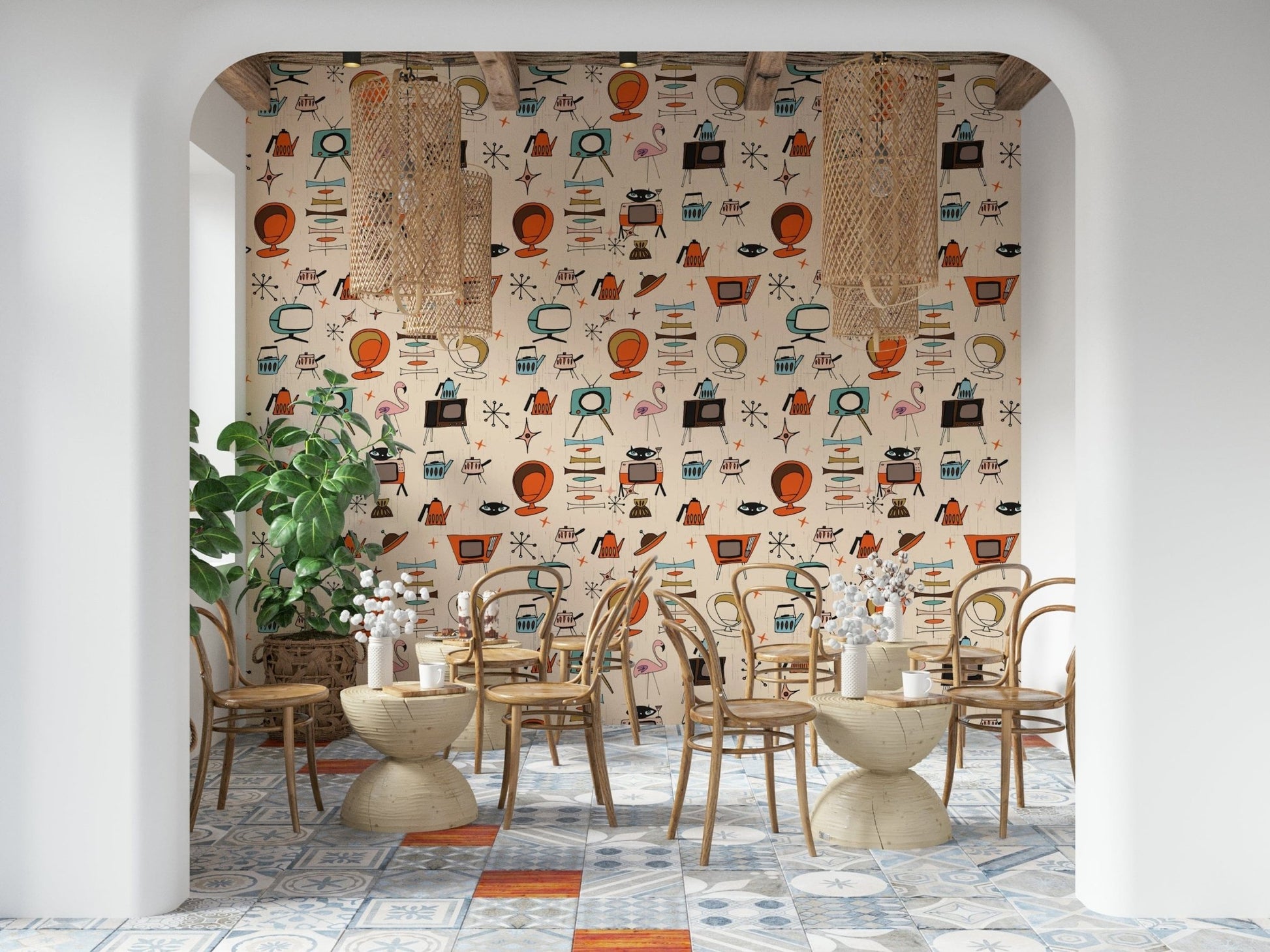 Living Kitsch Beige Wall Mural, Funky TVs, Pink Flamingo Pattern.