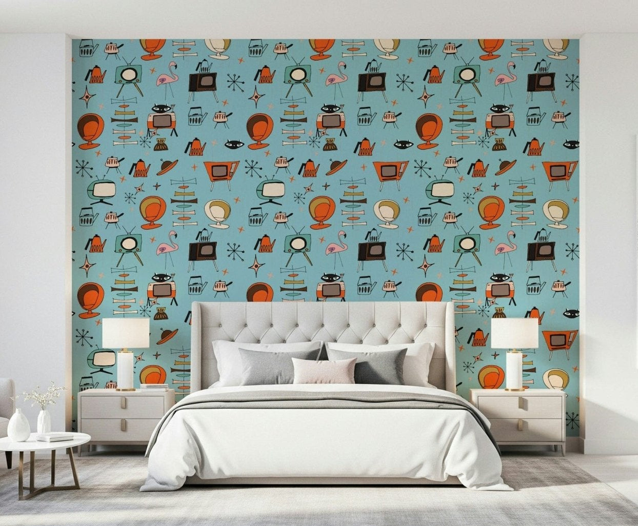 Atomic Retro Wallpaper, Sky Blue Hue, Mid-Century Pattern.