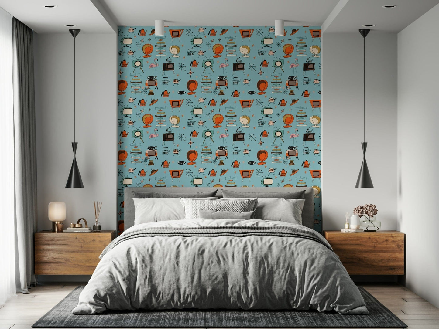 Vibrant Atomic Retro Design, Nostalgic Pop Culture Wallpaper.