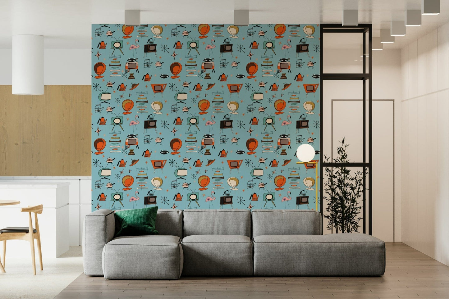 Cool Blue Backdrop, Living Kitsch Blue Retro Objects Wall Mural.