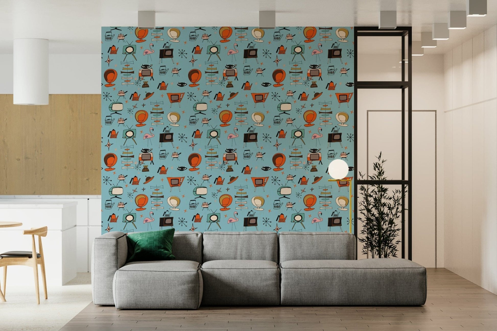 Cool Blue Backdrop, Living Kitsch Blue Retro Objects Wall Mural.