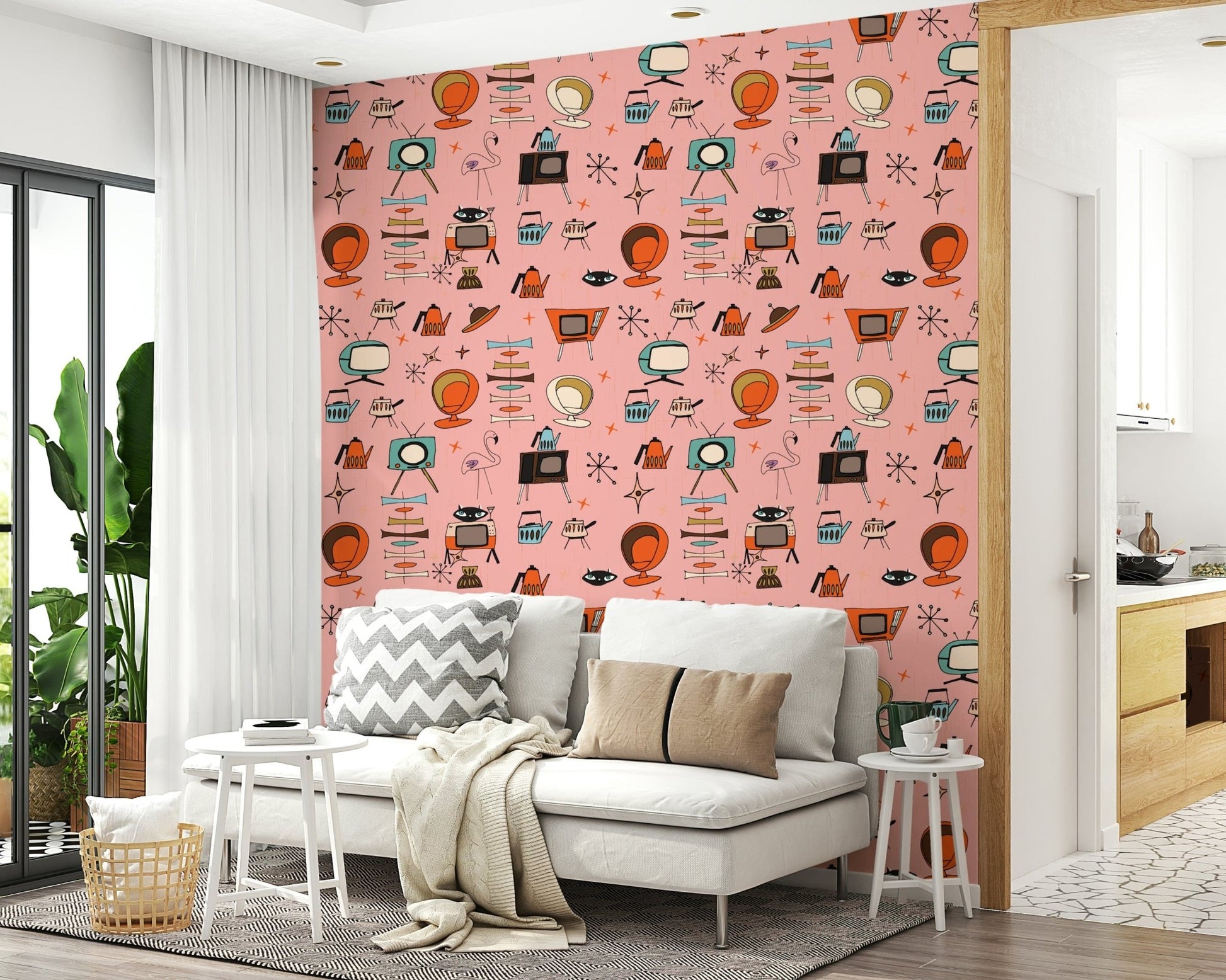 Stylized 1960s Atomic Wallpaper, Groovy Retro Furnishings.