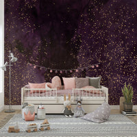 Aubergine Galaxy Wall Mural – Deep purple and violet cosmic design with twinkling stars and swirling nebula, perfect for modern home interiors.