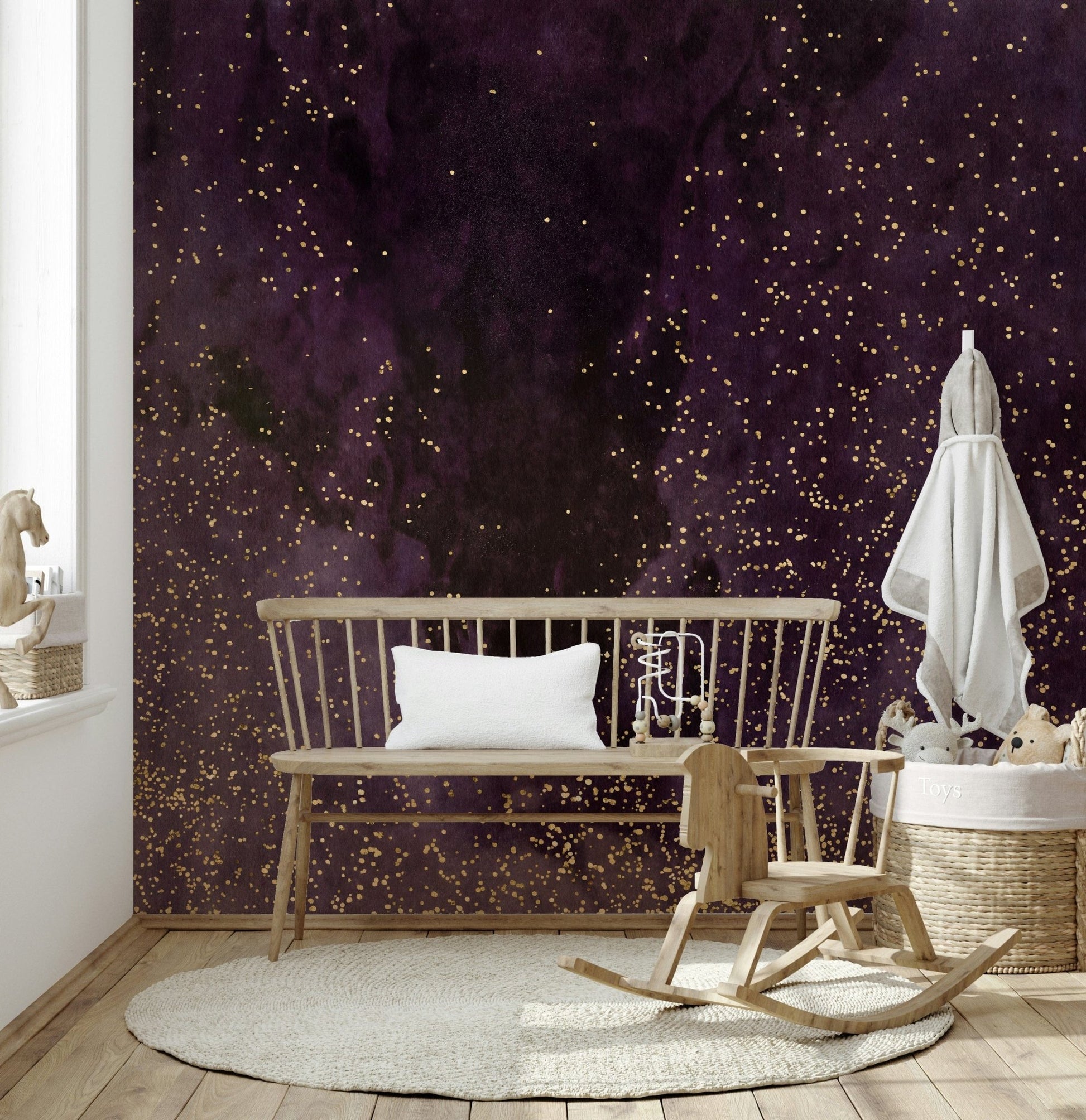 Starry Night Galaxy Wall Mural – Aubergine-inspired wallpaper with dreamy space elements, blending beauty and mystery.