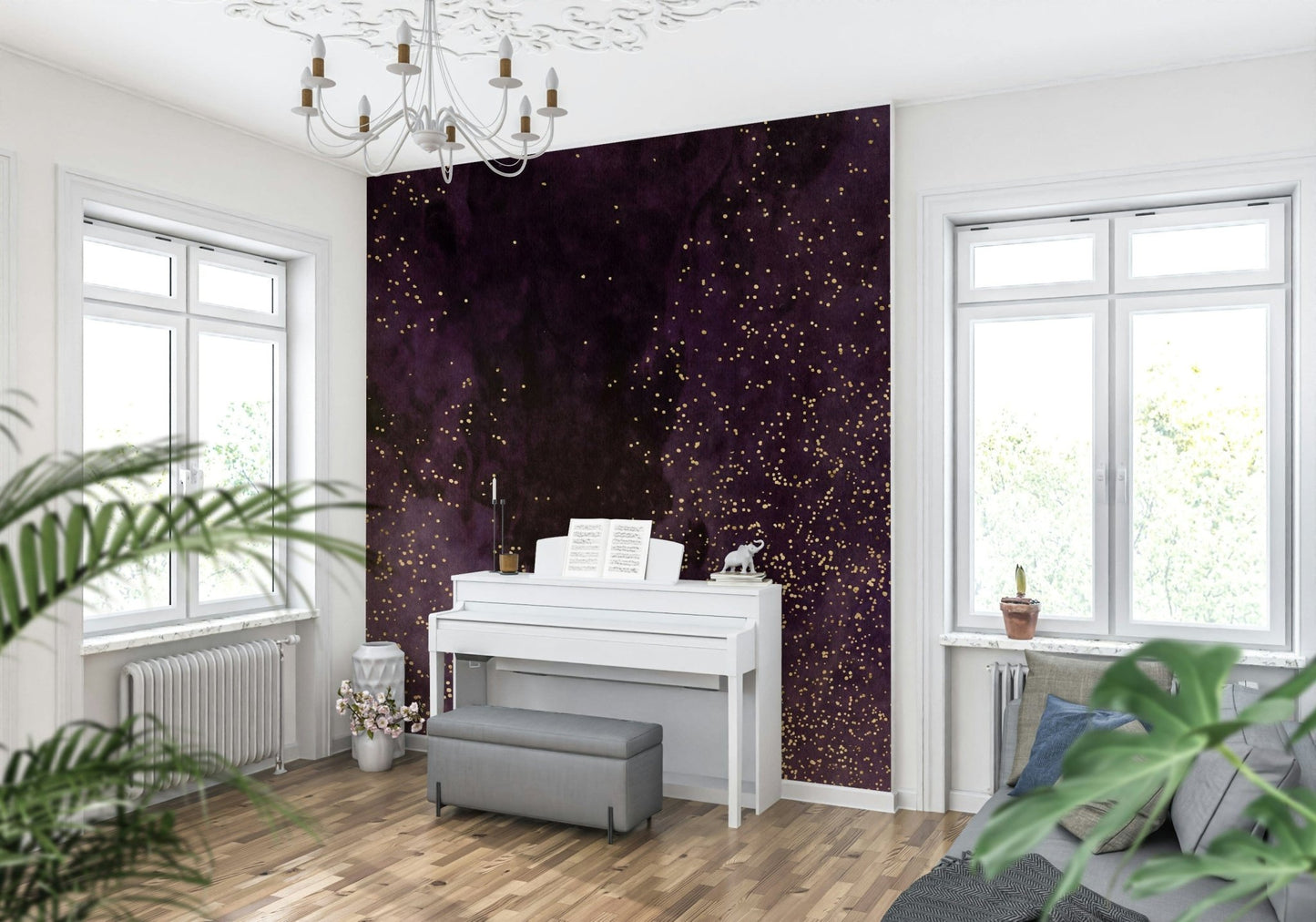 Deep Space Aubergine Wallpaper – Immersive galaxy mural with shining stars and purple nebula for a dramatic wall effect.
