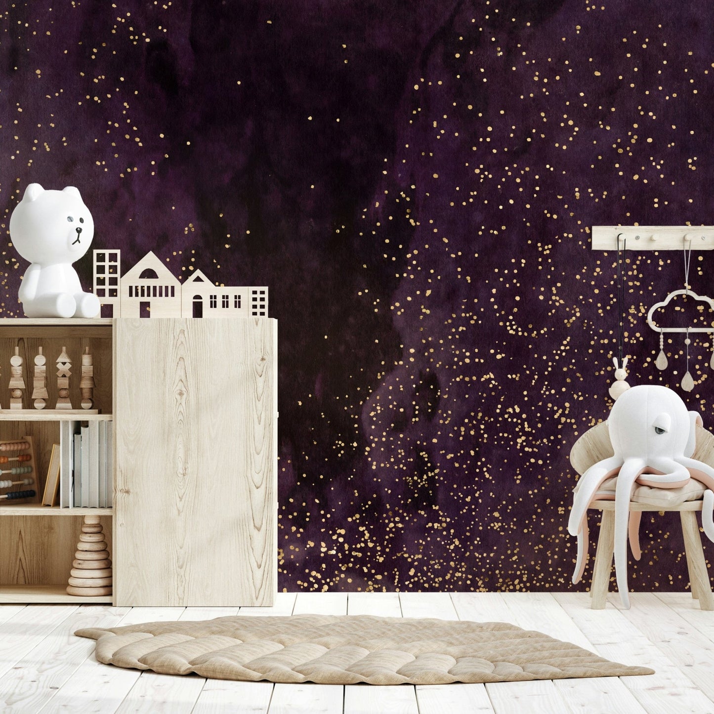 Purple Space Wall Mural – Deep aubergine galaxy with glowing light bursts and cosmic swirls, ideal for feature walls.