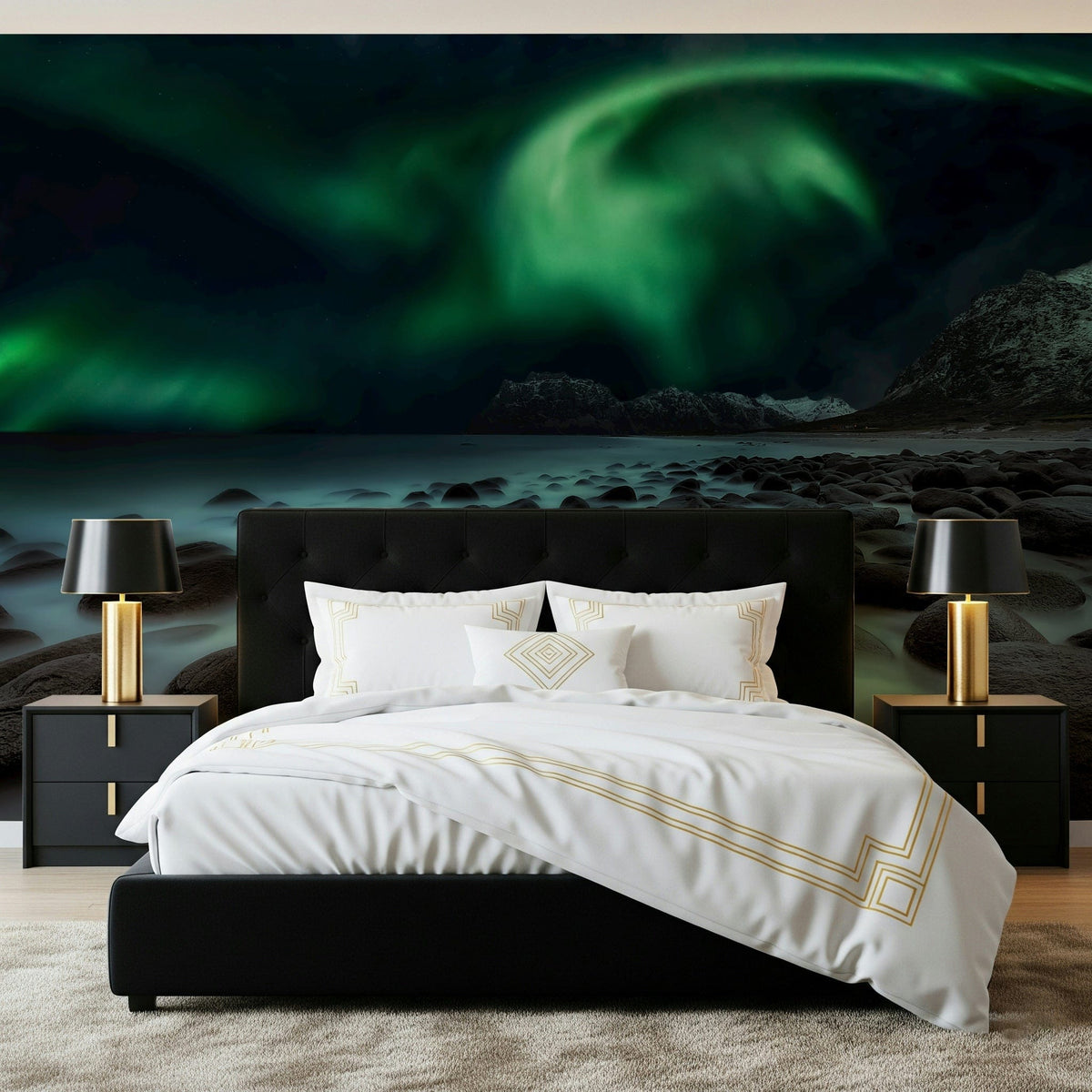 Mystic Shore Lights wallpaper mural of a green aurora over a rocky shore above a black bed in a bedroom