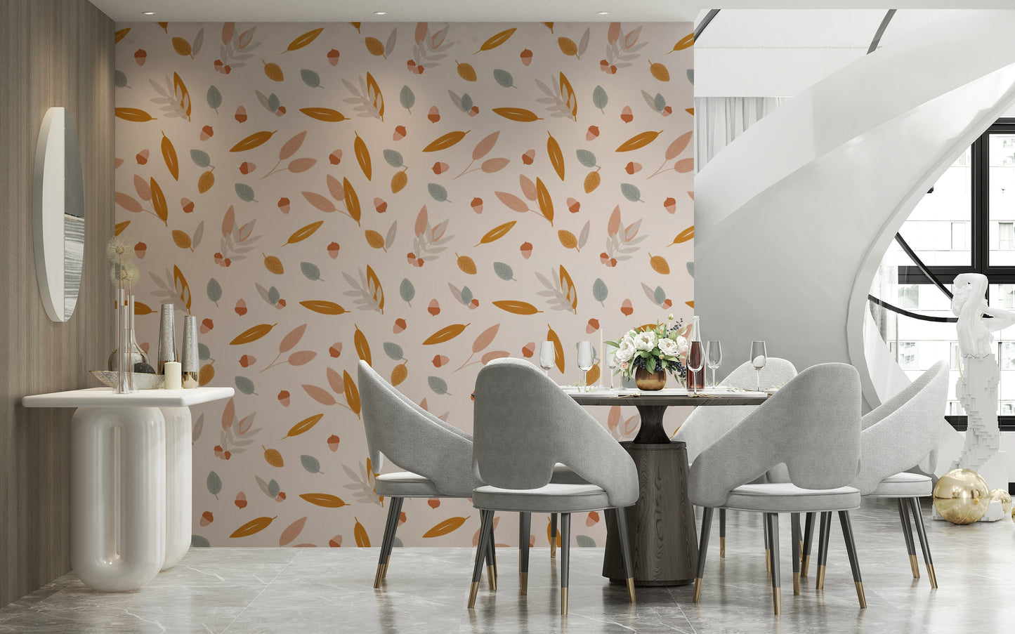 A whimsical fall wallpaper patterned with tiny acorns and airy leaves for a soft natural look.
