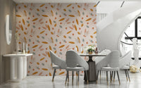 A whimsical fall wallpaper patterned with tiny acorns and airy leaves for a soft natural look.
