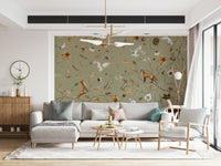 Artistic mural of a serene forest path in warm autumn tones