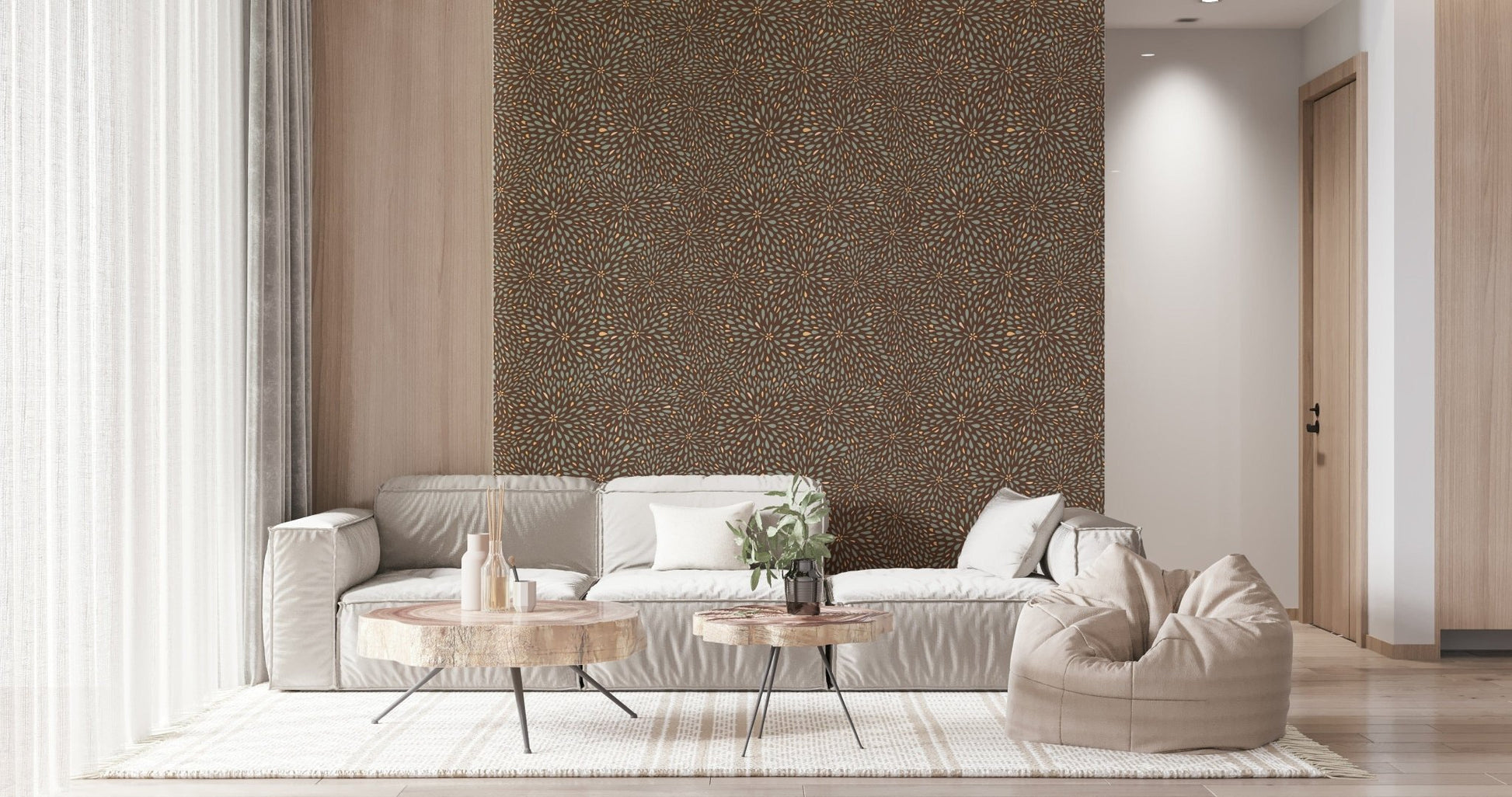 Autumn Burst wallpaper showcasing repeating starburst patterns made of small leaf-like elements.