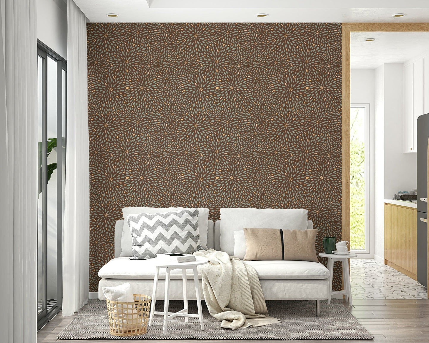 Decorative autumn wallpaper featuring scattered leaf-petal motifs arranged in circular bursts.