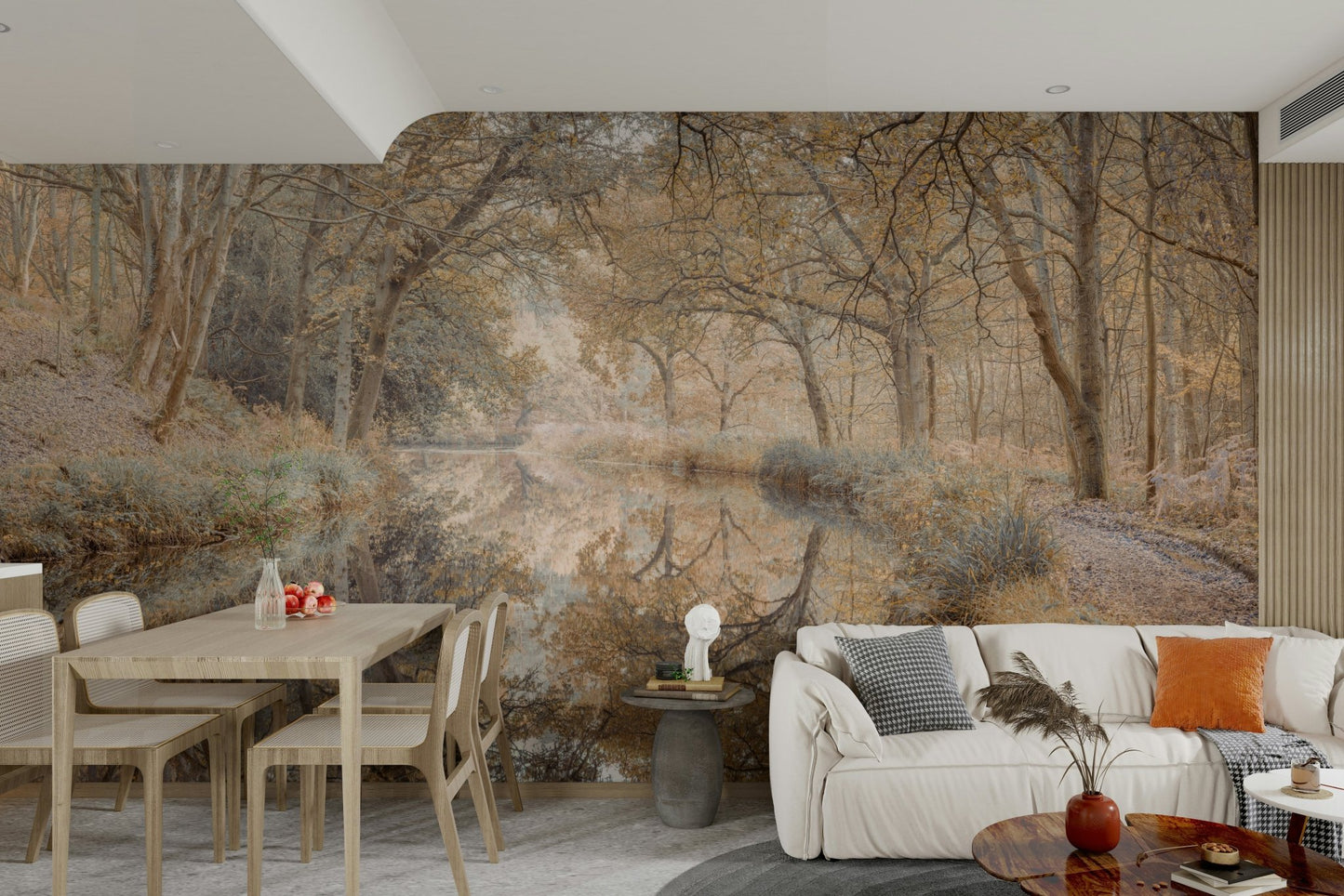 Still canal with fall leaves mural

