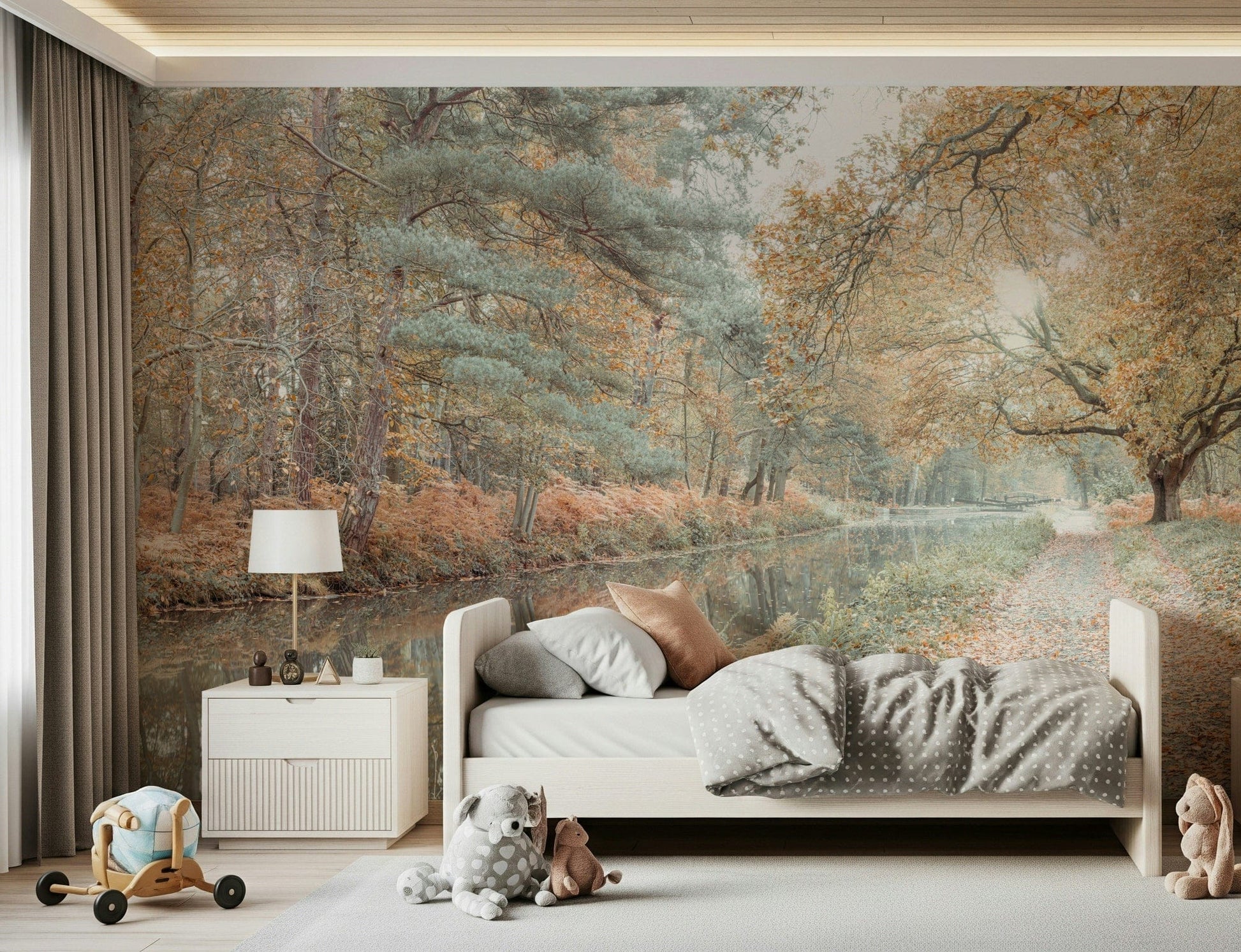 Forest and river wallpaper showcasing muted golden leaves and serene reflections.