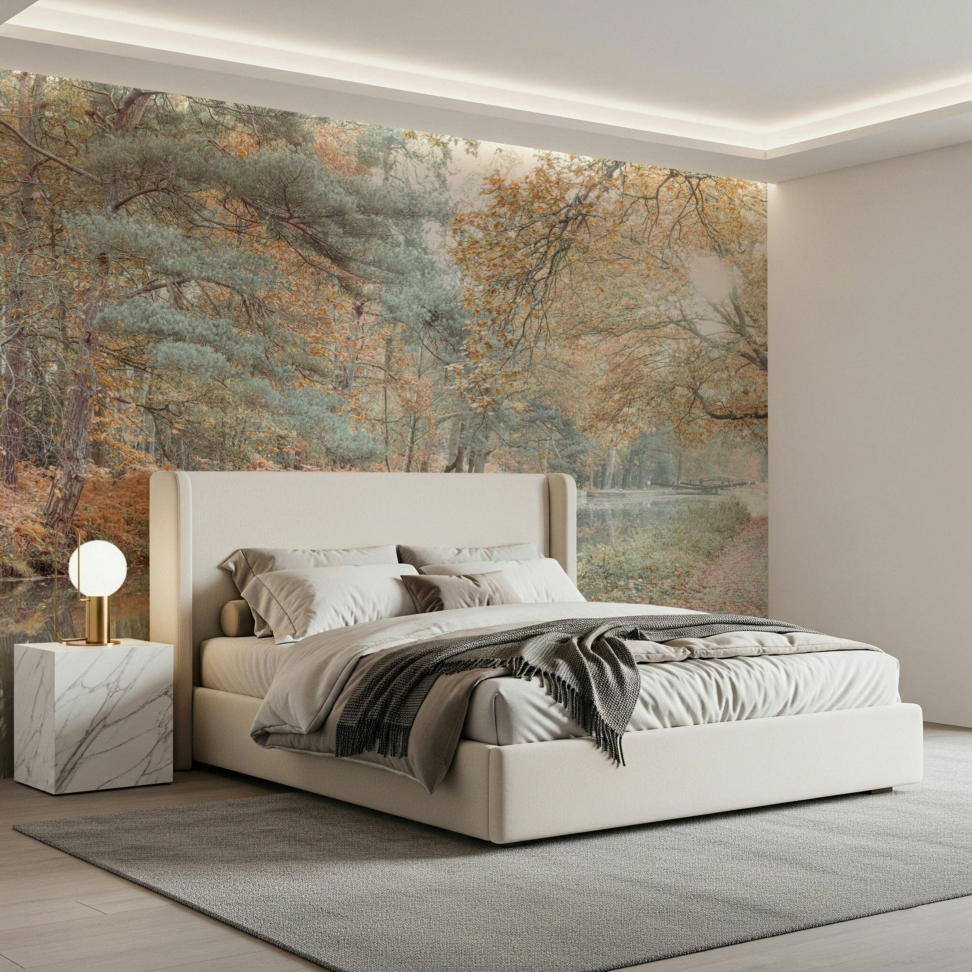 Soft-toned wallpaper of a peaceful woodland river during the autumn season.